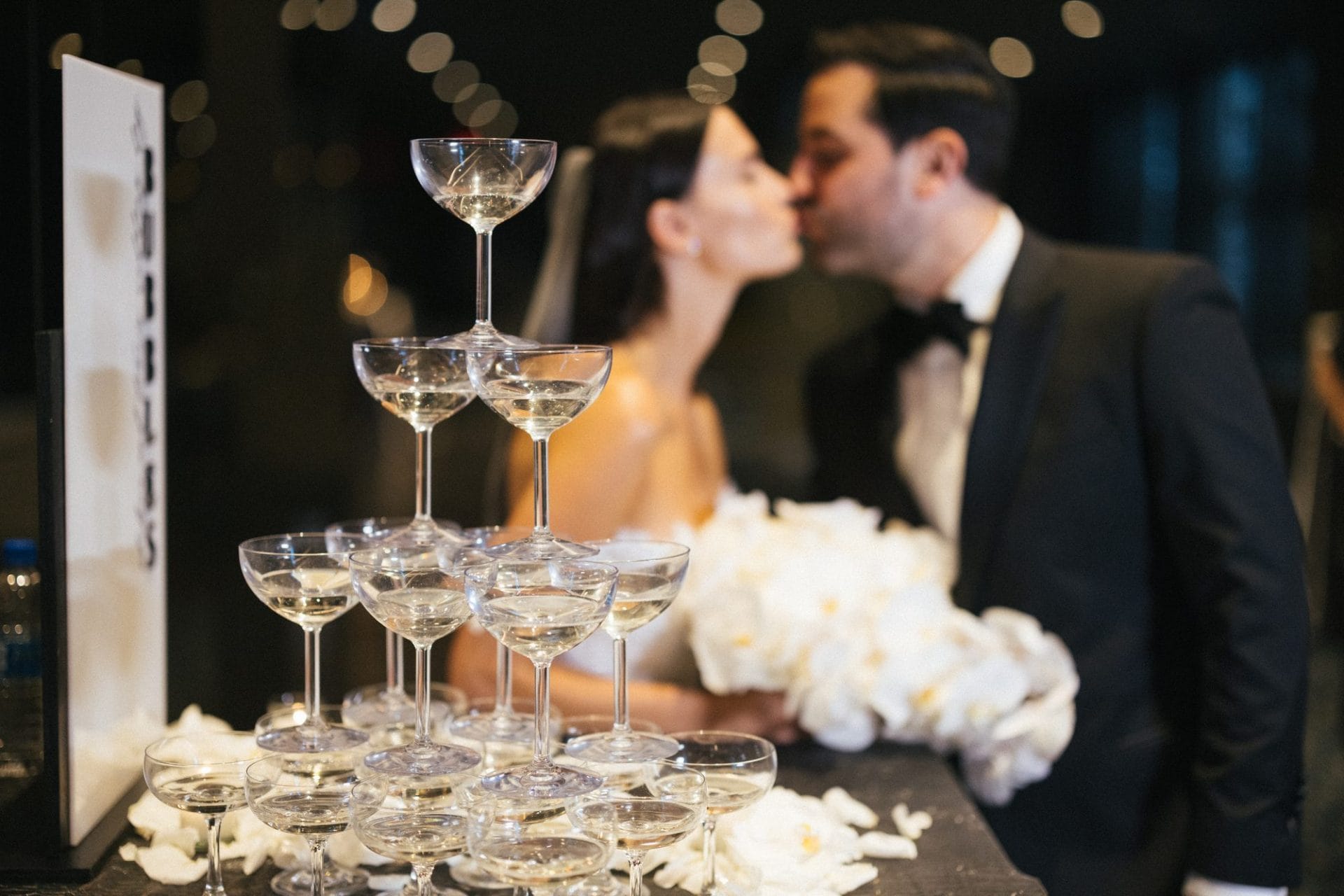 Chelsea and Tomer's reception, champagne tower, and dance floor at the W Hotel Philadelphia