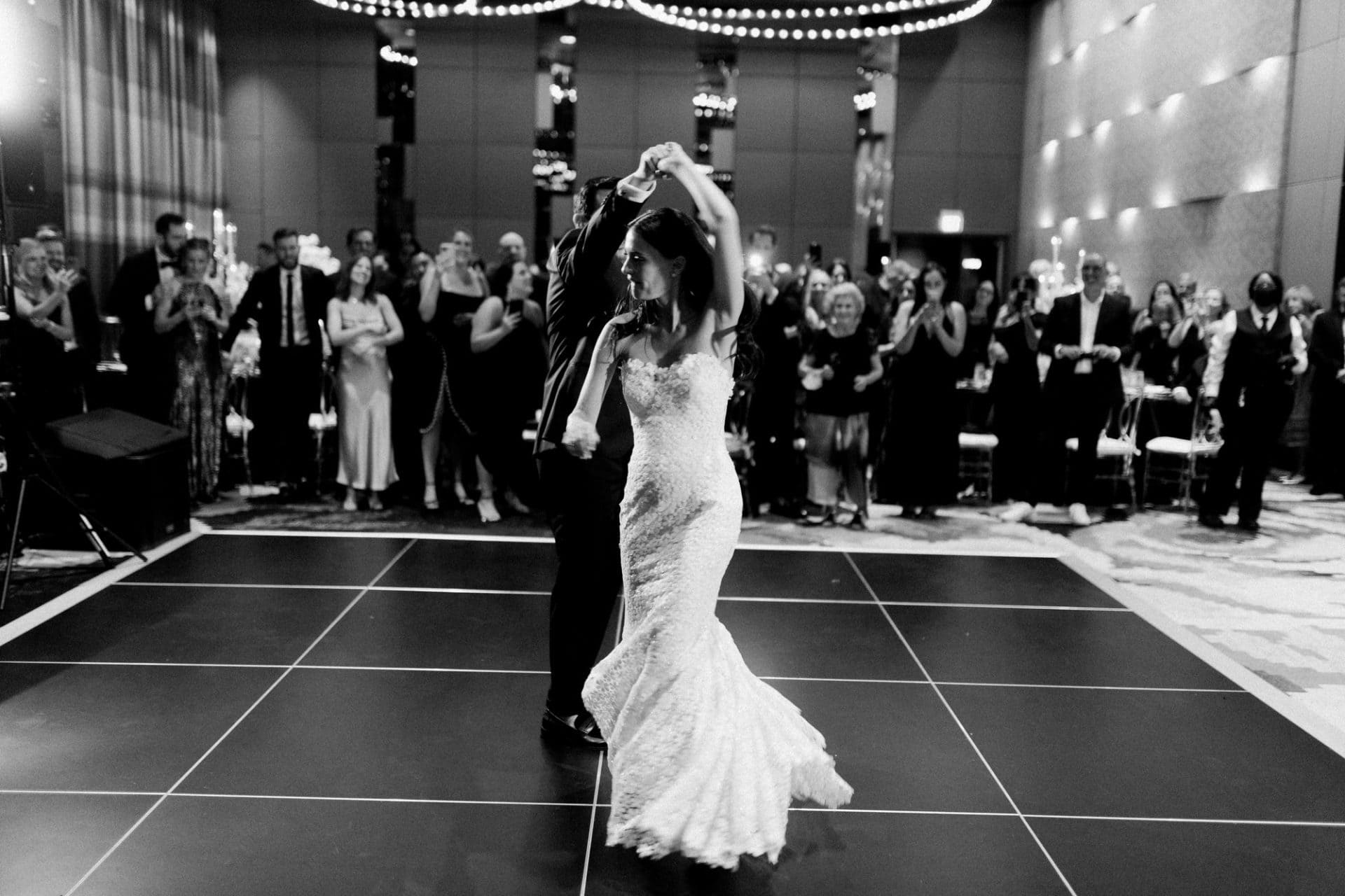 Chelsea and Tomer's reception, champagne tower, and dance floor at the W Hotel Philadelphia