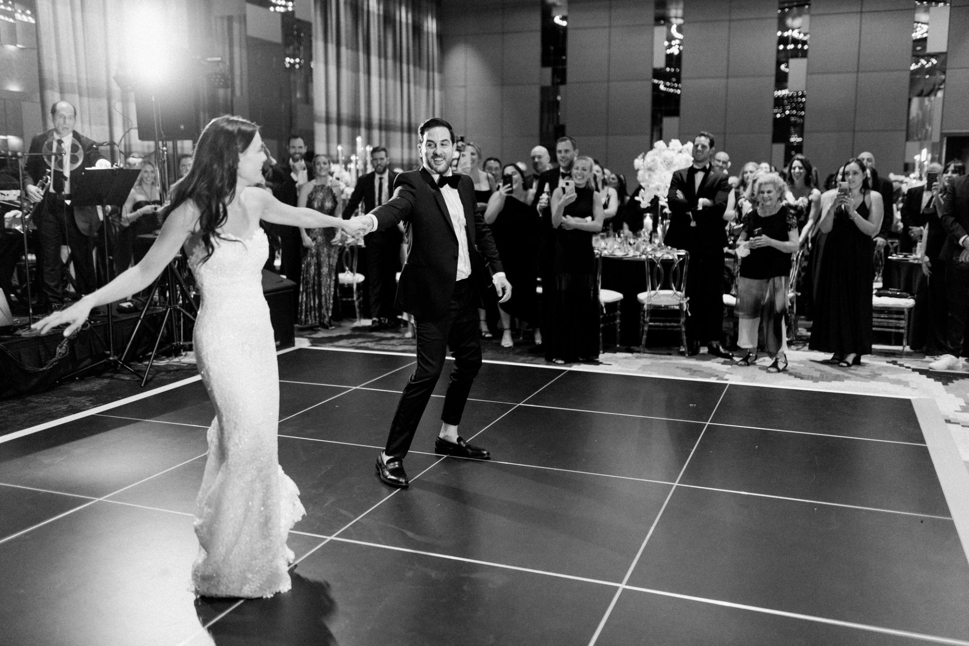Chelsea and Tomer's reception, champagne tower, and dance floor at the W Hotel Philadelphia