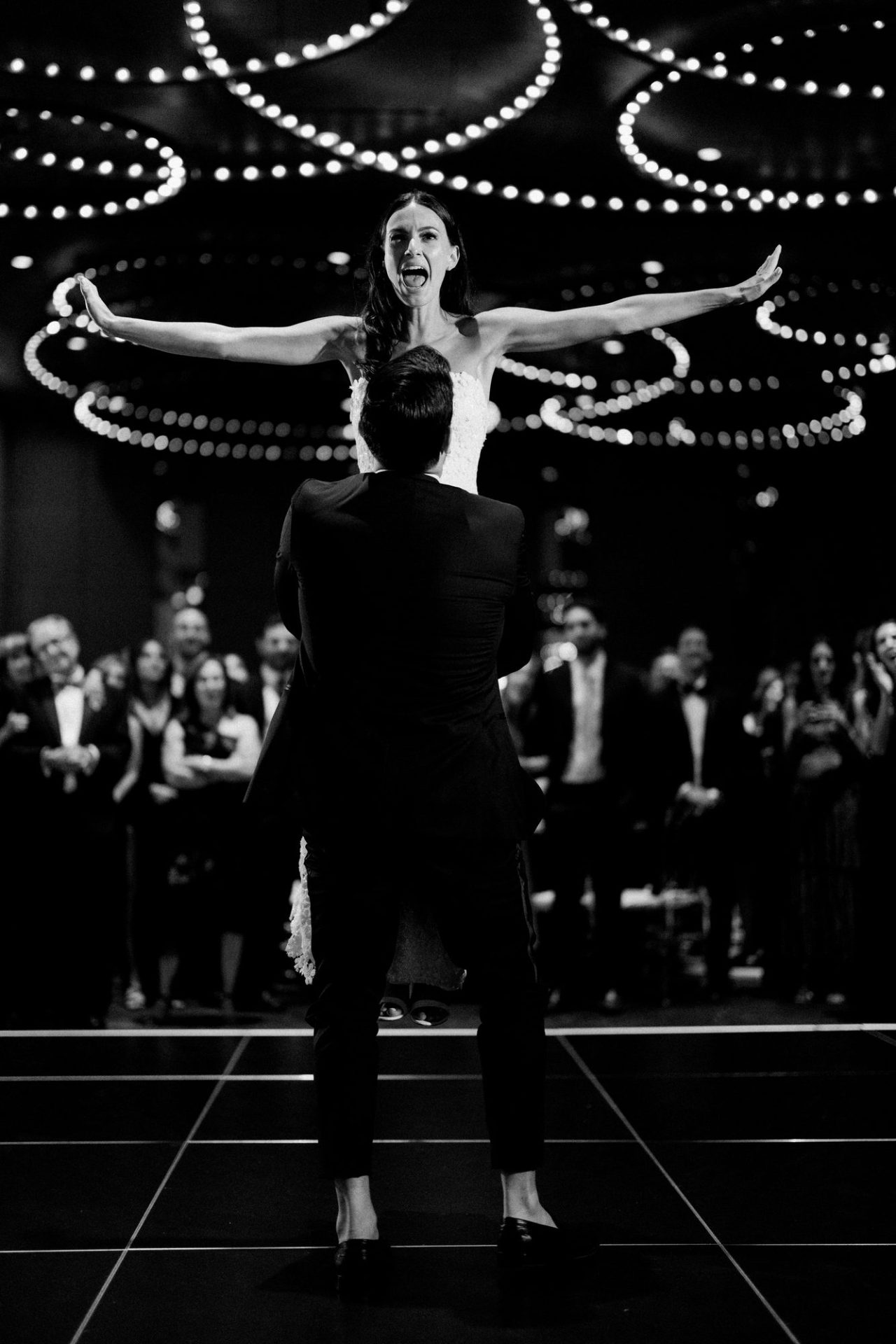 Chelsea and Tomer's reception, champagne tower, and dance floor at the W Hotel Philadelphia