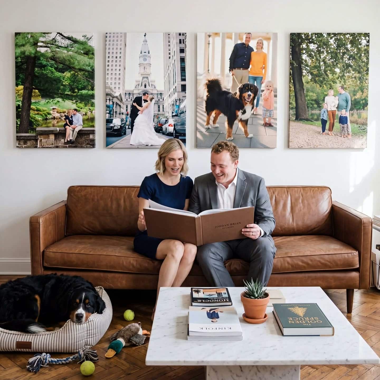 Couple looking at their wedding album with their Bernese Mountain Dog