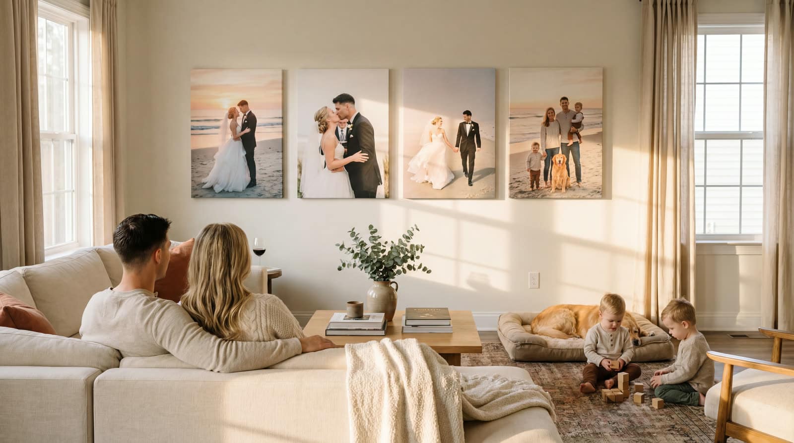 Couple on a couch with two children and a golden retriever, four gallery-wrap canvases on the wall