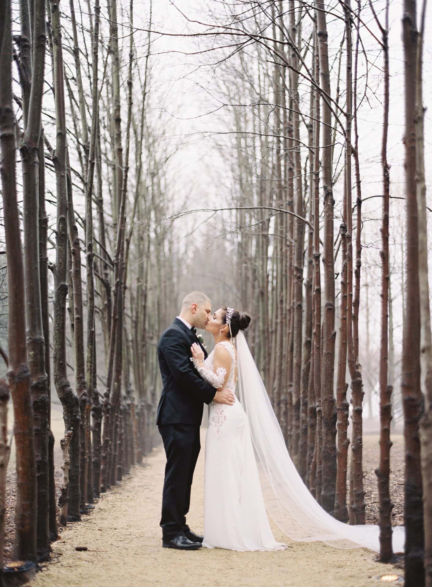 Bride and groom kissing on a tree-lined path in soft light, by a Mount Laurel, NJ wedding photographer