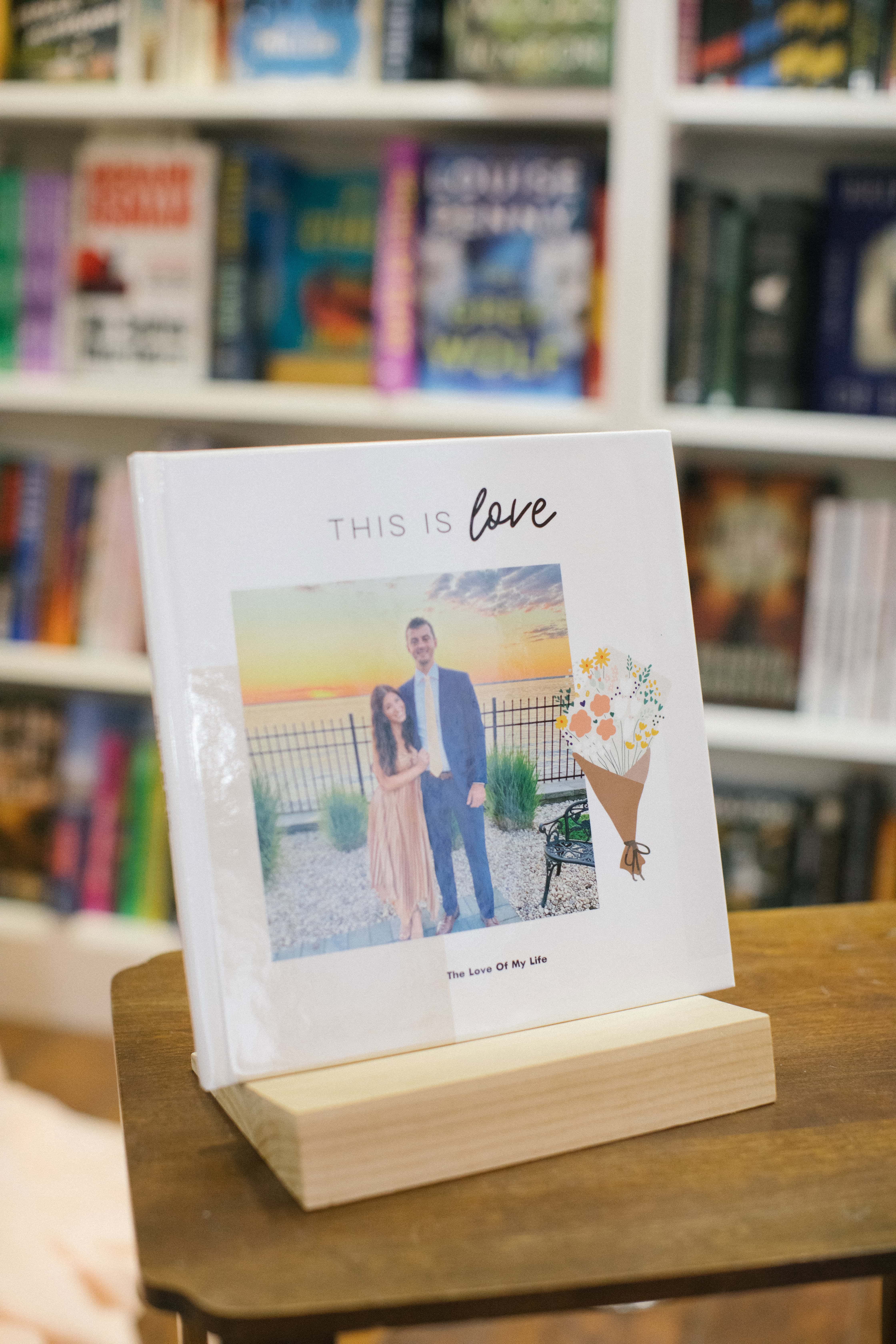 Surprise proposal setup with flowers at Inkwood Books bookstore in Haddonfield NJ