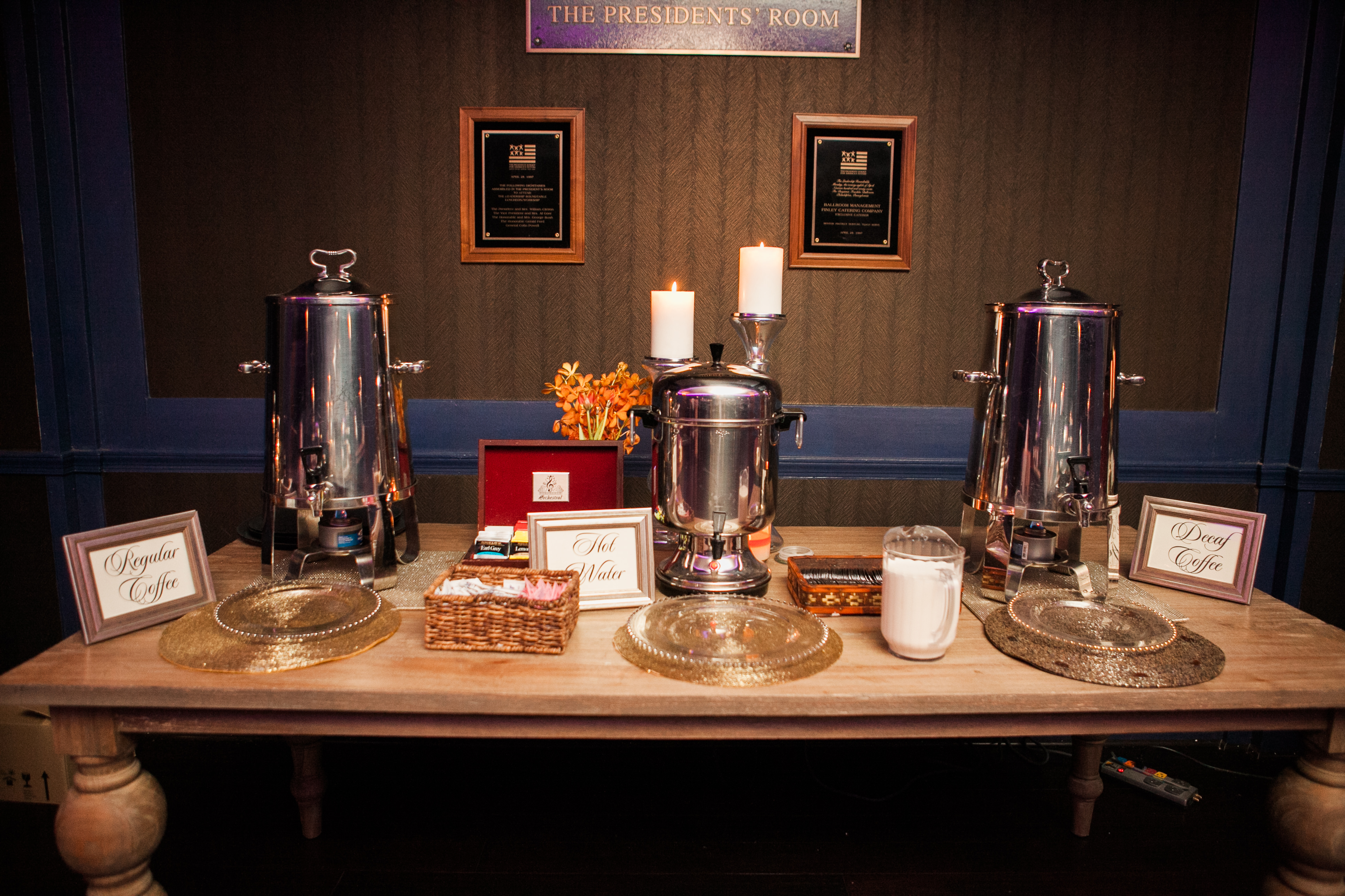 Coffee and dessert station in the Presidents Room at the Ballroom at the Ben in Philadelphia, photographed by Jordan Brian