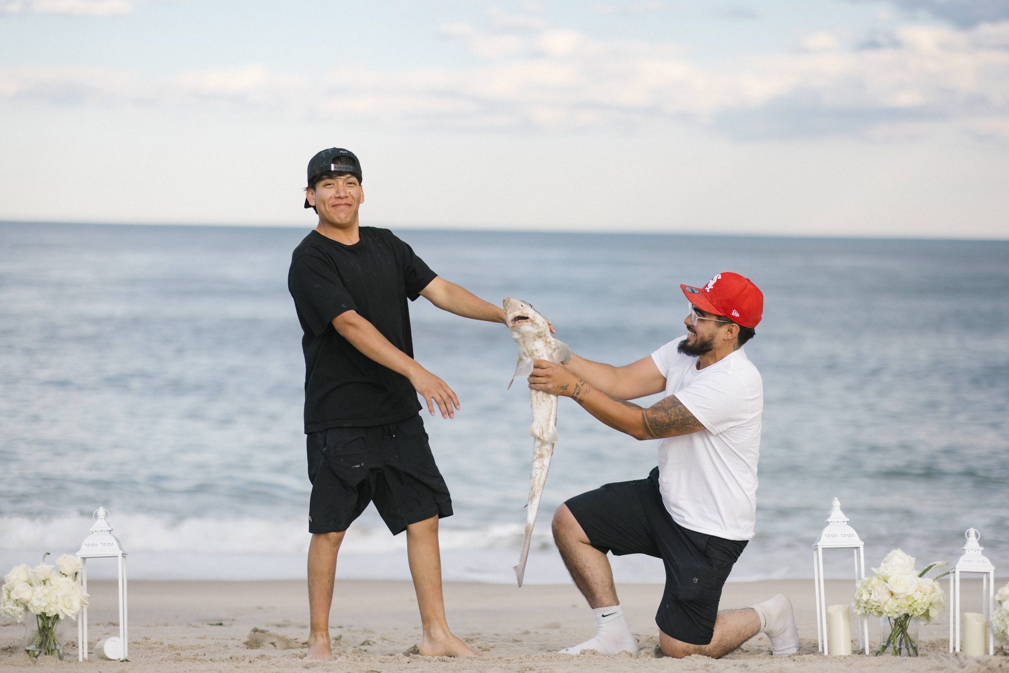 Fishermen jokingly staging a mock proposal with a baby shark on the beach at the Manasquan Inlet in Point Pleasant Beach NJ