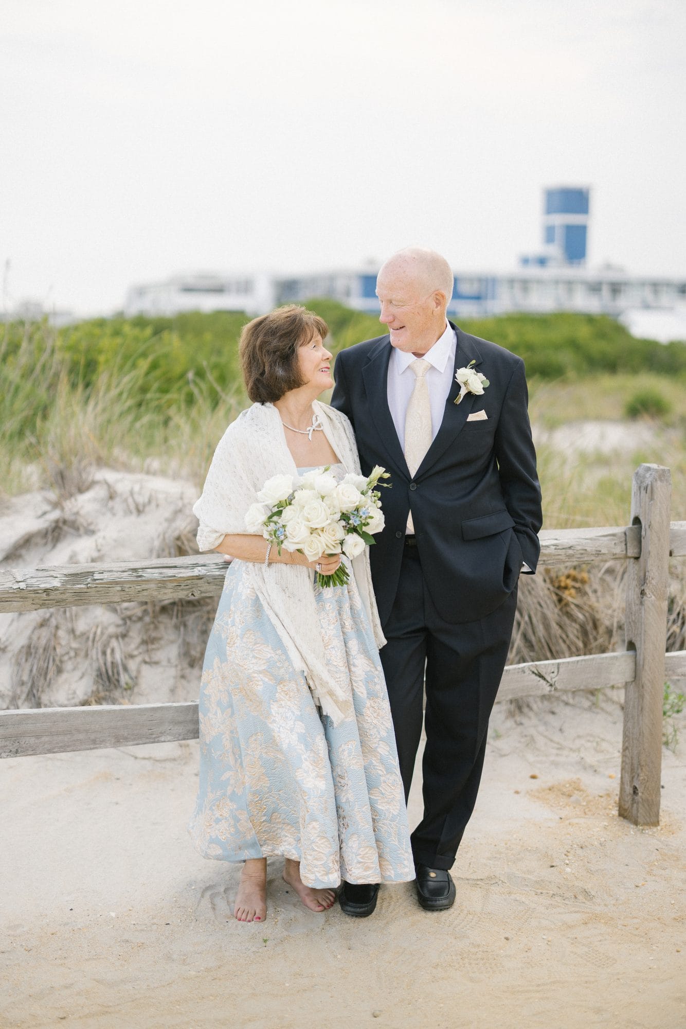 Portrait of Stu and Betsy together on the beach at their 50th wedding anniversary in Avalon, New Jersey