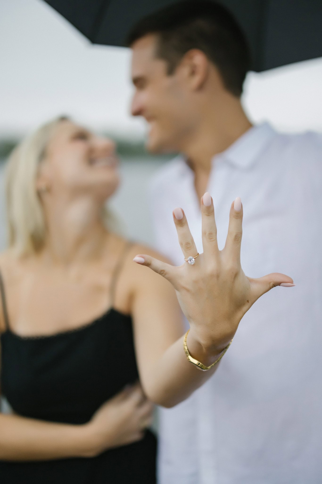 Close up of an engagement ring after a rainy surprise proposal in Bay Head NJ