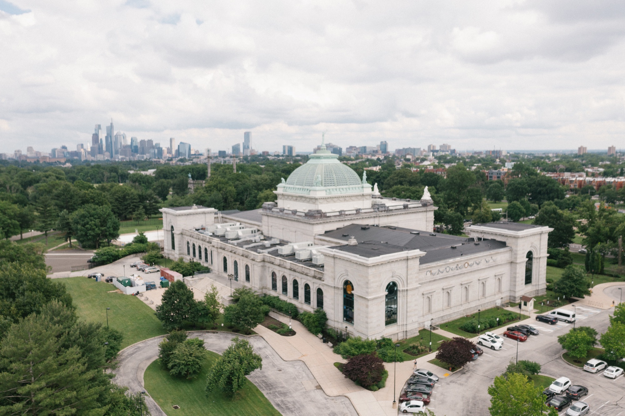 Please Touch Museum wedding venue aerial view with Philadelphia skyline in West Fairmount Park