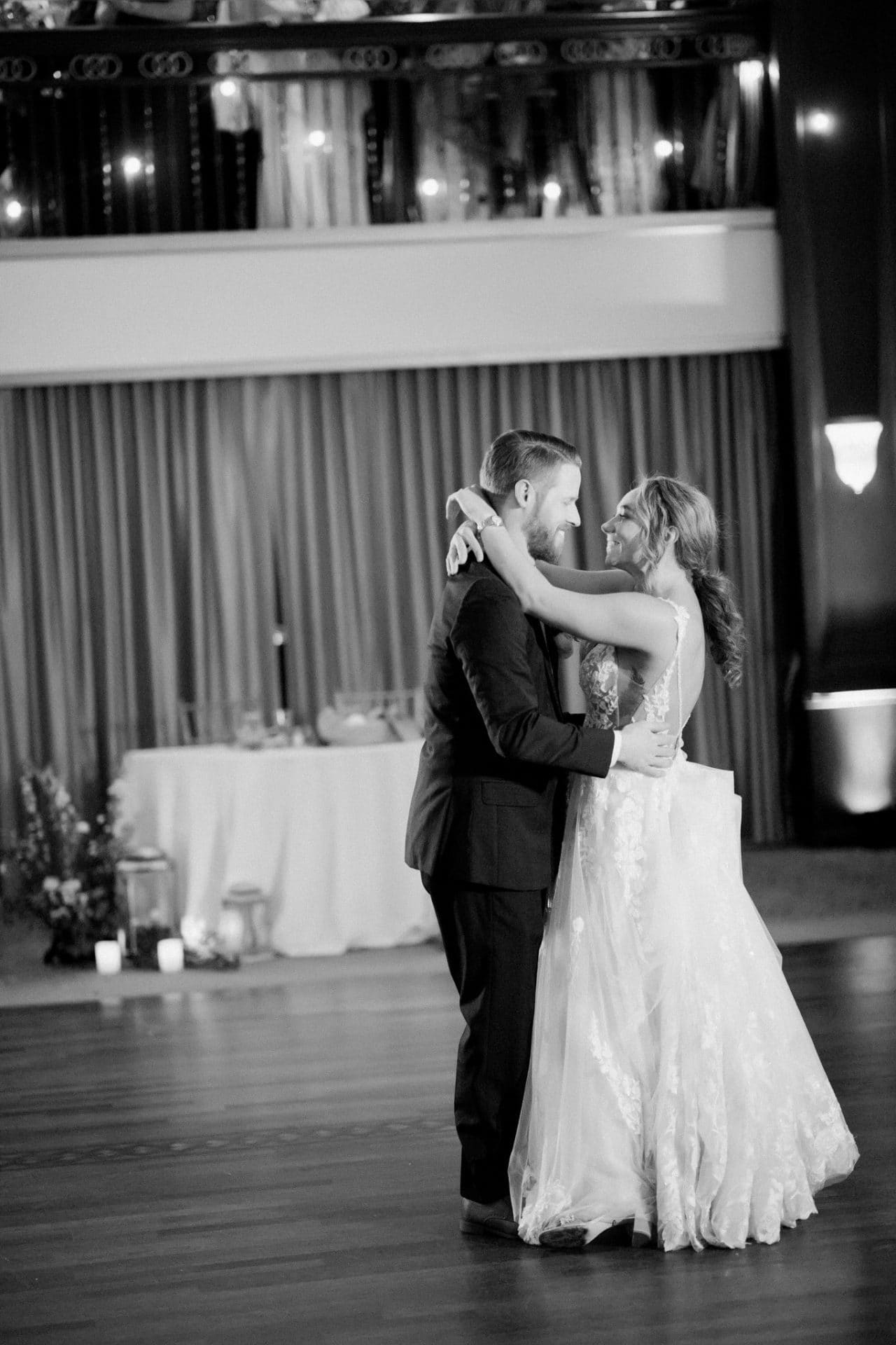 First dance at the Collingswood Grand Ballroom with the mezzanine revealed above the couple