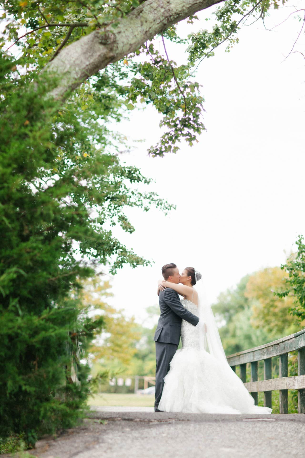 Distant portrait of the couple framed by park trees