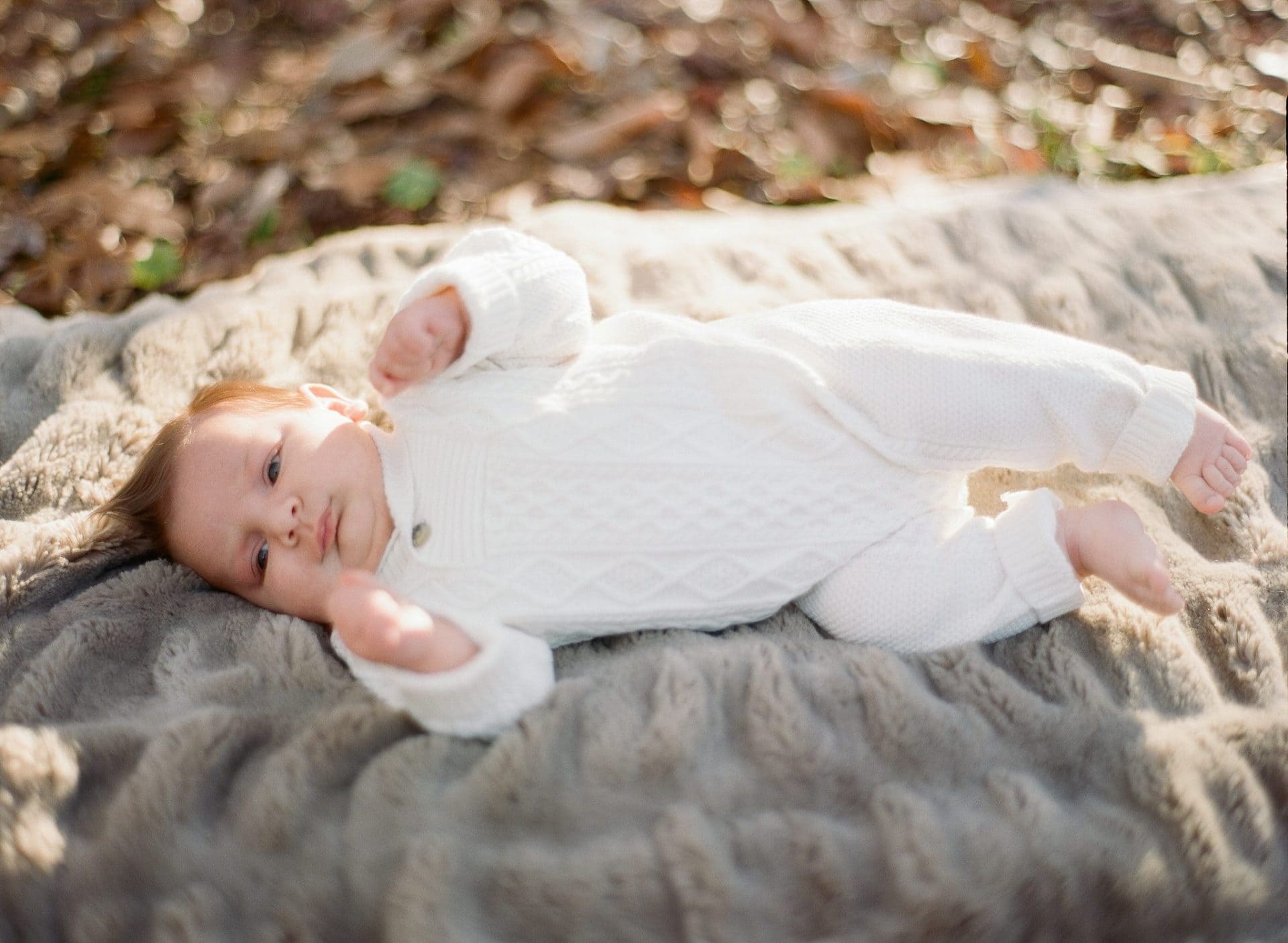 A baby in a cream knit sweater lying on a soft blanket in dappled autumn sun during a family session in Medford, New Jersey