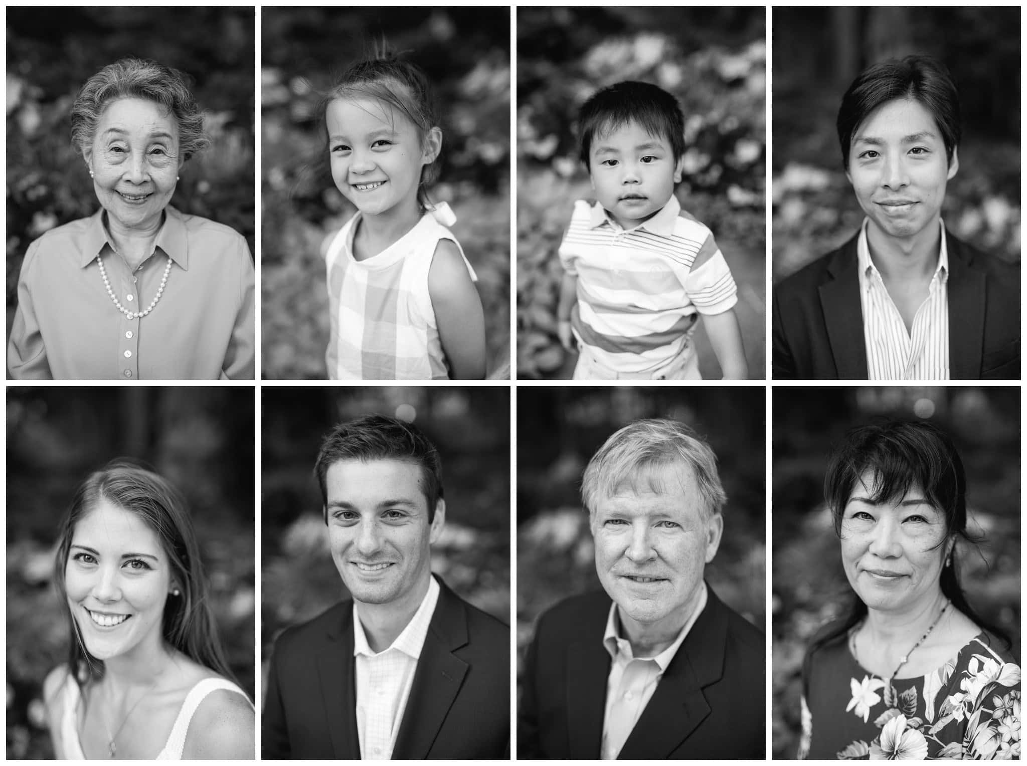 A collection of black and white individual portraits of family members made during a family reunion at The Rittenhouse in Philadelphia, arranged together as a set